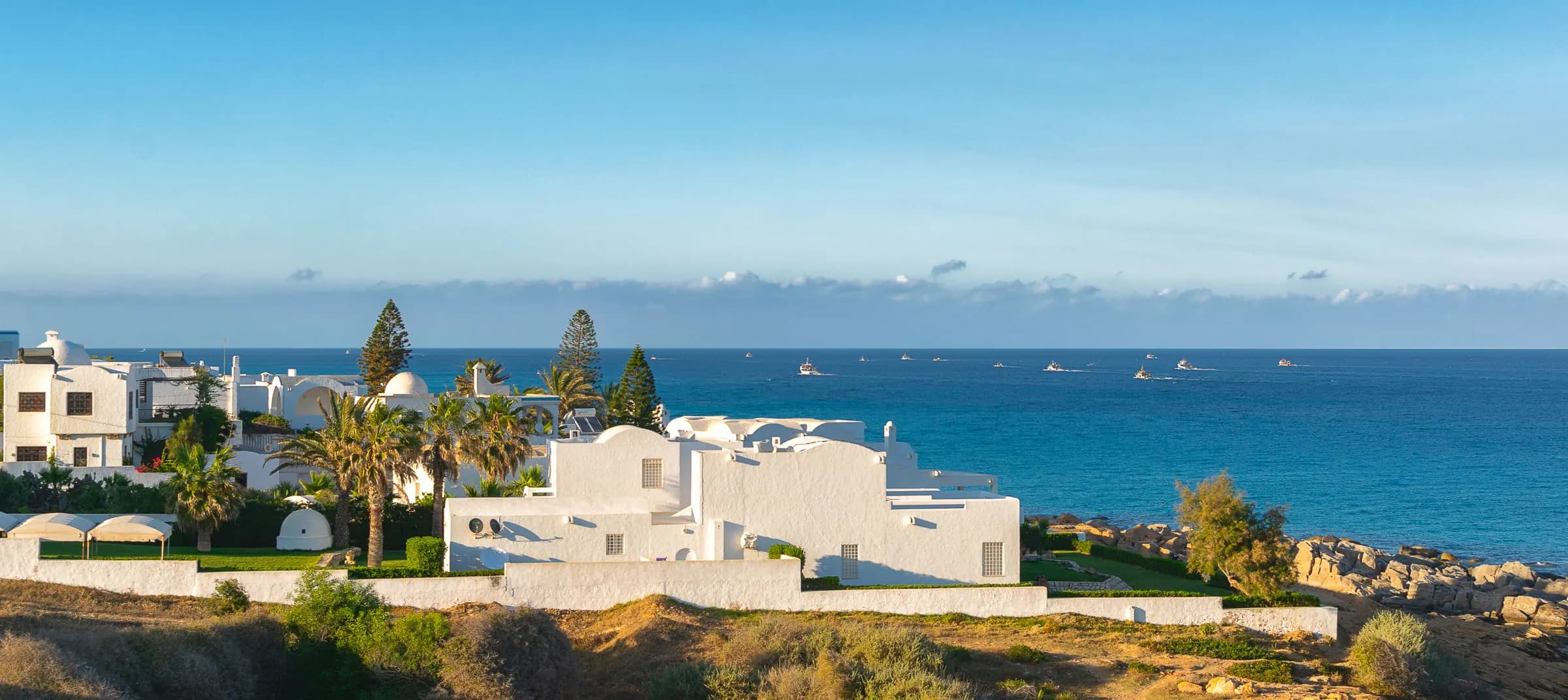 White villas among palm trees above the blue sea at Kelibia, on Cap Bon